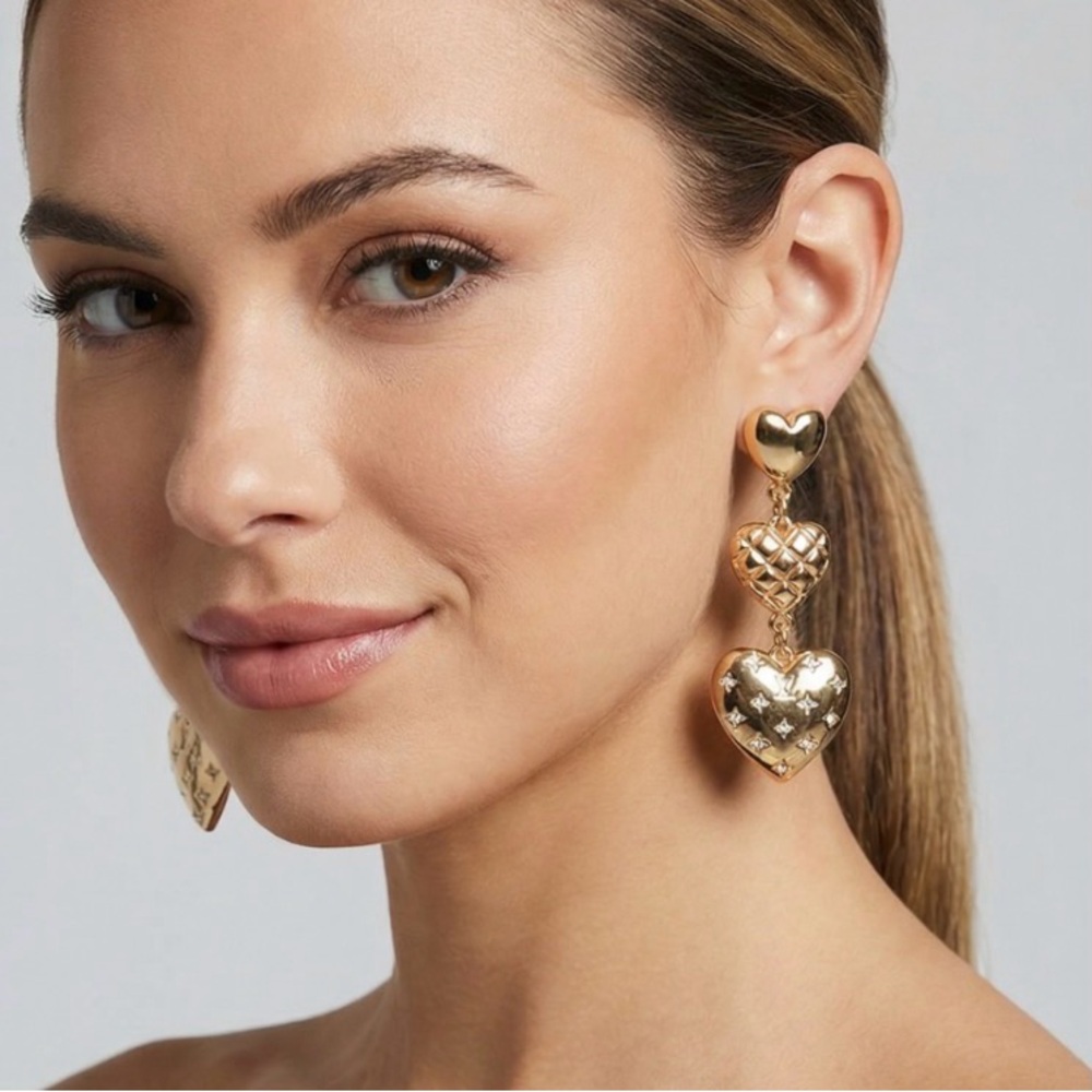 Guess Los‎ Angeles gold-tone triple heart drop earrings with rhinestone accents